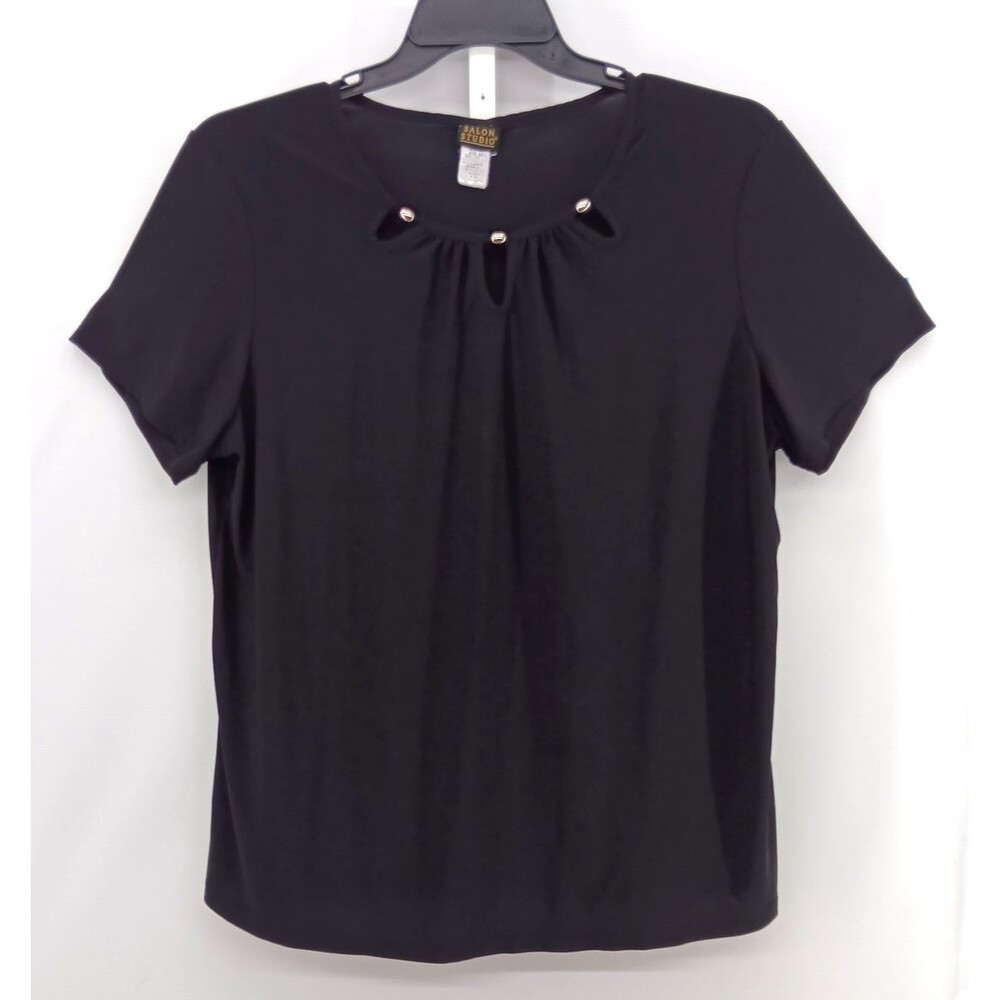 Salon Studio Blouse Women Size XL Black Short Sleeve Round Keyhole Neck Top
